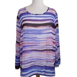 KATE AND MALLORY Womens 3X Striped Hi-Lo Long Sleeve Semi-Sheer Top Multicolor
